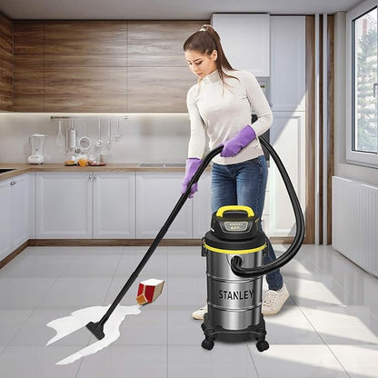 STANLEY Shop Vacuum Wet/Dry, 5 Gallon, 4 Horsepower, Stainless Steel Wet/Dry Vac Silver+Yellow+Black
