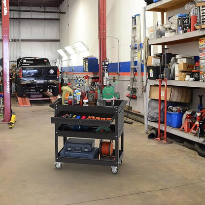 3 Tier Rolling Tool Cart with Drawers, 400 LBS Capacity Mechanic Tool Cart on Wheels, Heavy Duty Utility Cart with Pegboard, Metal Work Cart for Garage and Repair Shop, Matte Black