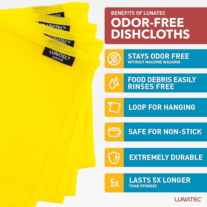 Lunatec Odor-Free Kitchen Dishcloths. A Scrubber and scouring pad for All Surfaces. (4-Pack)