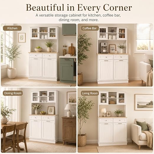 RASOO Trash Can Cabinet 67.7" Tall Kitchen Pantry Storage Sideboard Freestanding Tilt Out Trash Can 10 Gallon Glass Doors with 2 Drawers Microwave Coffe Bar
