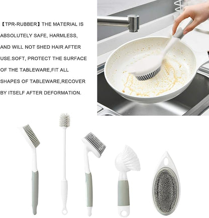Silicone Brush Set for Kitchen,Dish Brush,Bottle Brush,Scrub Brush with Soap Dispenser,countertop Cleaning Brush,Kitchen Cleaning (5pack)