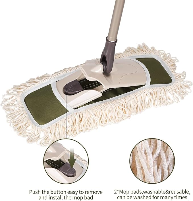Eyliden Dust Mop with 2 Washable Pads for Hardwood & Tile Floors | 32.9"-52.6" Adjustable Handle, 360° Swivel, One-Touch Pad Release | Wet Dry Floor Cleaning Push Broom