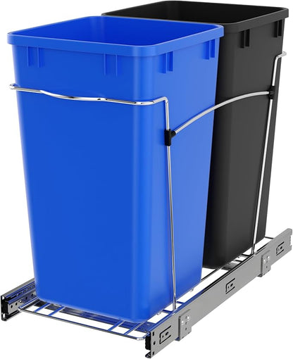 Rev-A-Shelf Double 27 Qt Pullout Trash Can for Base Kitchen Cabinets, Garbage Waste & Recycling Bin System with Full Extension Slides, Min Opening Width of 11.5", Blue/Black, RV-15KD-2218C-S