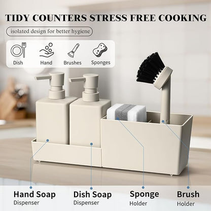 Kitchen Soap Dispenser Set with Sponge Holder and Brush for Sink Rack Hand Soap and Dish Soap Dispensers Beige 4-in-1