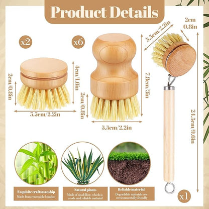 COMNICO Bamboo Dish Brush Set, 9 Pack Kitchen Natural Wooden Cleaning Scrubbers Set Washing Dish Brush Scrubber with Natural Sisal Bristles for Household Cleaning Vegetables