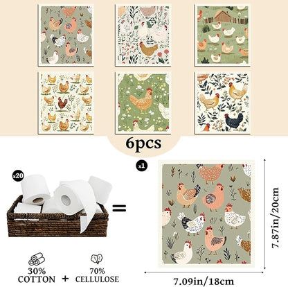 Chicken Swedish Dishcloths for Kitchen, 6 Pcs Reusable Chick Swedish Dish Cloths, Absorbent Fast Drying Cleaning Sponge Cloths for Kitchen Cooking Farmhouse Home Decoration Housewarming Gifts
