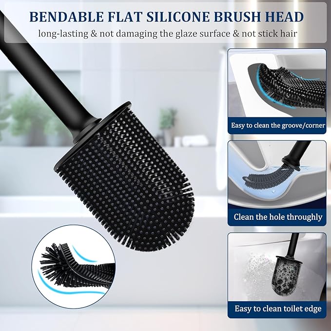 Silicone Toilet Brush and Holder Set, Toilet Brushes with Ventilated Holder, Wall Mounted Toilet Bowl Brush with Long Handle Bendable Brush Head, Black Toilet Brush Cleaner for Bathroom RV
