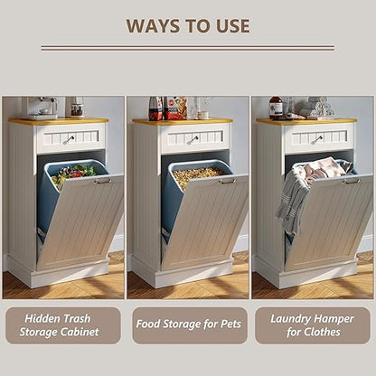 LOUVIXA Tilt Out Trash Can Cabinet, Hidden Trash Cabinet with Drawer, Wooden Dog Proof Trash Can Holder, Tilt Out Laundry Hamper, Garbage Can Holder (White)