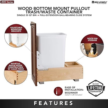 Rev-A-Shelf Single 35 Qt Wood Bottom Mount Pullout Under Cabinet Trash Can Waste Container with Full Extension Ball Bearings, Maple Wood, 4WC-15DM1