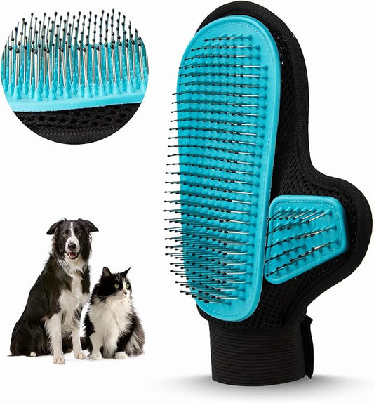 2025 Pet Grooming Glove with Tipped Pin Brush,Special Design Deshedding Glove, Perfect Petting Tool for Sensitive Dogs & Cats with Long & Medium Fur, Massage Mitt - Right-Hand - Blue