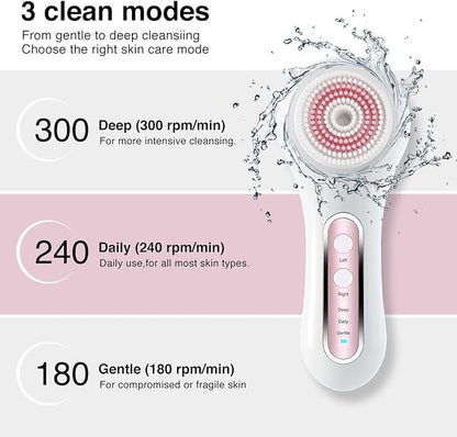 UMICKOO Electric Facial Cleansing Brush, 2-Way Rotating Face Scrubber for Daily & Deep Cleaning, 3 Modes, 5 Brush Heads, Rechargeable, IPX7 Waterproof for All Skin Types