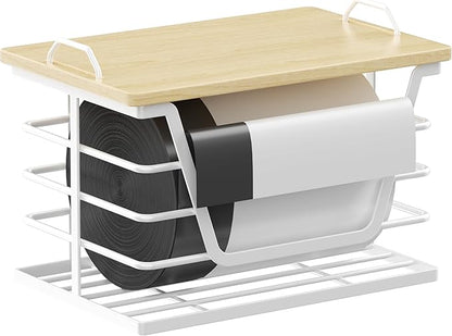 Trash Bag Holders with Wood Top, Large & Small Garbage Bag Dispenser for Kitchen, Pantry, Laundry Room Organization, Wall Mount or Countertop Use, White Medium