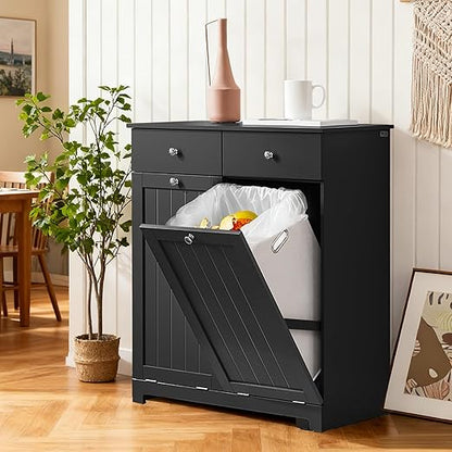 Double Tilt Out Trash Can Cabinet – Hidden Wooden Kitchen Trash Bin Cabinet with 2x10 Gallon Garbage Can, Pet Proof Tilt Out Garbage Holder, Storage Cabinet for Trash in Kitchens, Black, BZR33