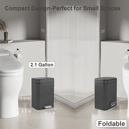 rejomiik Small Bathroom Trash Can with Lid 2.1 Gallon Soft Close Step Slim Garbage Can Waste Bin for Office, Bedroom, Kitchen, Dark Gray