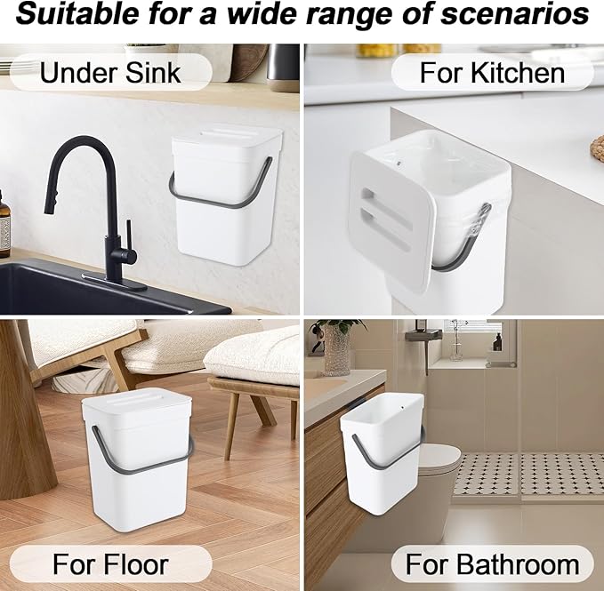 0.8 Gallon/3L Compost bin Kitchen, for use on countertops or Under Sinks, Hanging Trash can with lid, for Cupboard/Bathroom/Bedroom/Office/Camping, Mountable Indoor Compost Bucket(White)
