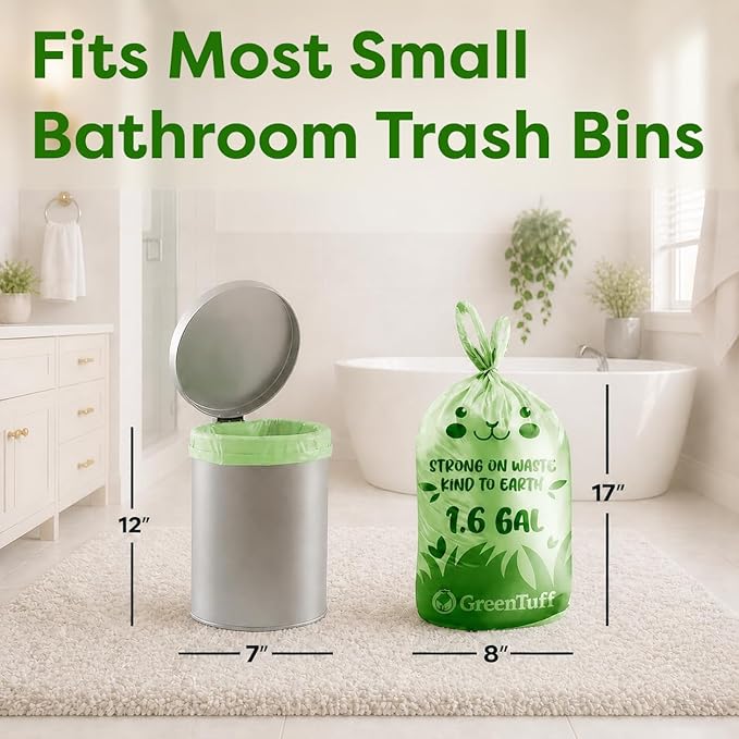 1.6 Gallon Compostable Trash Bags for Bathroom (50 Count) — Small Food Scrap & Bathroom Bin Liners — Thick 0.7 Mil Leak-Resistant Plant-Based Bags — ASTM D6400 BPI Certified