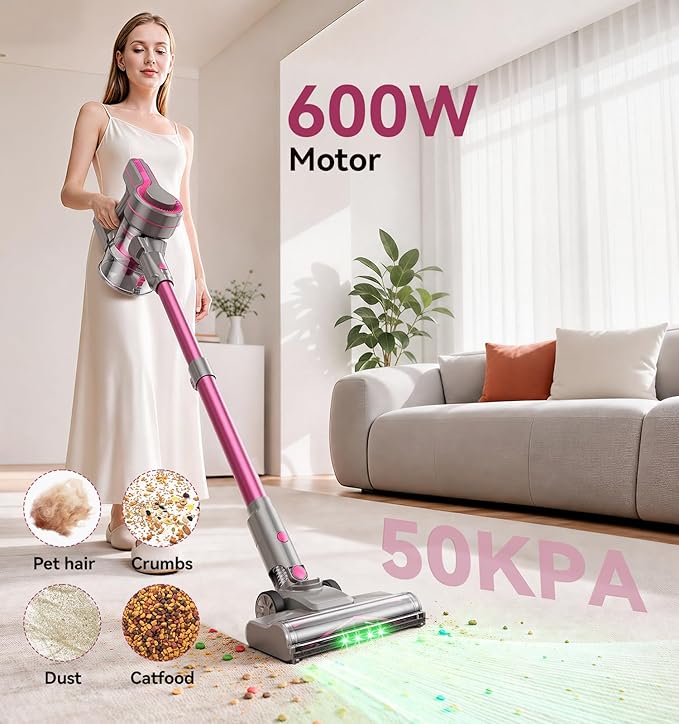 Cordless Vacuum Cleaner, 600W 50KPA 50Mins Stick Vacuum Cleaners for Home with LED Light, Self-Standing, Anti-Tangle Brush, Lightweight Vacuum for Pet Hair, Carpets, Hard Floors