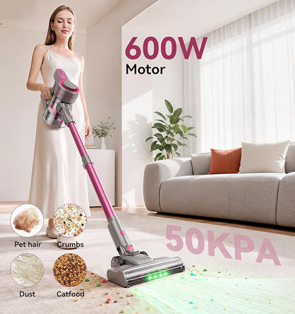 Cordless Vacuum Cleaner, 600W 50KPA 50Mins Stick Vacuum Cleaners for Home with LED Light, Self-Standing, Anti-Tangle Brush, Lightweight Vacuum for Pet Hair, Carpets, Hard Floors