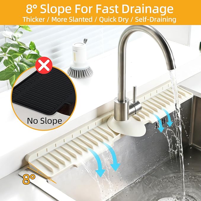 24" Silicone Sink Mat for Kitchen(Released in 2026) – 8° Slope for Quick Self-draining,Sink Splash Guard Behind the Faucet for Kitchen&Bathroom Area, Narrow Water Splash Guard Easy to Clean (Beige)