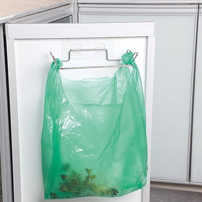 Stainless Steel Trash Bag Holder for Kitchen Cabinets Doors and Cupboards, Under Sink Bag Hanger, Portable Trash can, Waste Bins, Wall Adhesive Hanging Garbage Bins, with Wall Sticker Base