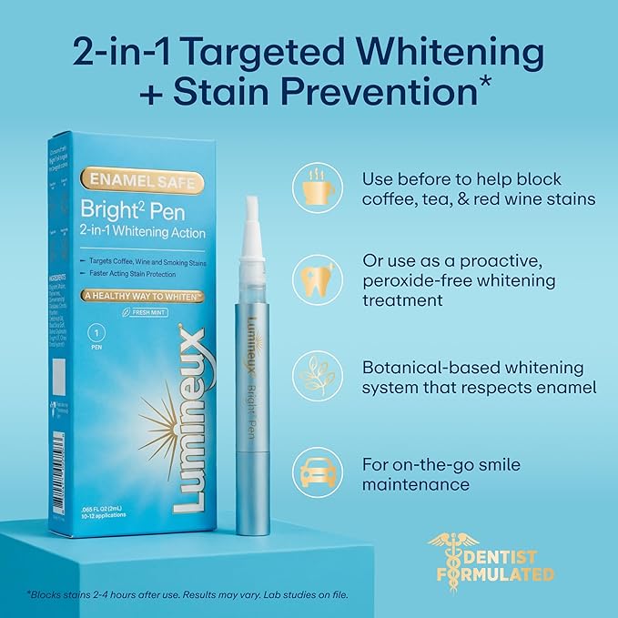 Lumineux 2-in-1 Whitening Pen (2 Pack) Enamel Safe and Clinically Proven to Whiten Without The Sensitivity - Removes Coffee, Tea, and Smoking Stains