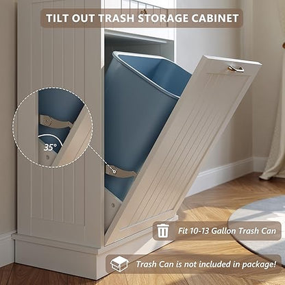 LOUVIXA Tilt Out Trash Can Cabinet, Hidden Trash Cabinet with Drawer, Wooden Dog Proof Trash Can Holder, Tilt Out Laundry Hamper, Garbage Can Holder (White)