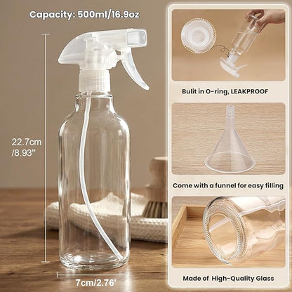 Glass Spray Bottles 16.9oz Empty Spray Bottle Mist/Stream Spraying Small Refillable Containers for Hair Care, Cleaning Solutions, Plants, Essential Oils 2 Pack (Clear, 16.9oz)