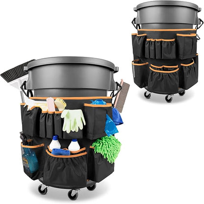 HODRANT Trash Can Caddy Bag Fit 32-55 Gallon Garbage Bin, Cleaning Caddy Bag with Adjustable Buckle for Industrial Trash Can, 13 Pockets Cleaning Tool Organizer for Cleaning Supplies, Orange Edge