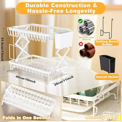 2-Tier Dish Racks for Kitchen Counter, Large Dish Drainers for Kitchens Counter Stainless Steel Kitchen Dishes Drying Rack, Space Saving Dishes Strainer for Bowl, Plate, Cup - Modern Counter Organizer