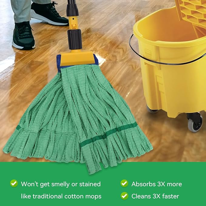 Heavy Duty Commercial Mop Head Replacement for Rubbermaid: 3 Packs 14oz Microfiber Tube Lint Free Industrial Heavy Duty Mop Head for Floor Cleaning - Super Absorbent & Bleach-Safe (Green)