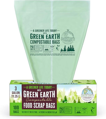 Green Earth Compostable Small Kitchen Food Scrap Trash Bags, Extra Thick 0.71 Mil, Compost Bin Compatible, 3 Gallon, 11.35 Liter, 100-Count, ASTM D6400, BPI (US) & OK Compost Home (EU) Certified