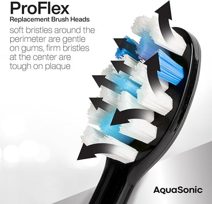 AquaSonic Genuine Proflex Replacement Brush Heads | ADA Accepted | for Whiter Teeth & Gum Care | Compatible with Many AquaSonic Toothbrush Handles (8 Pack Black)