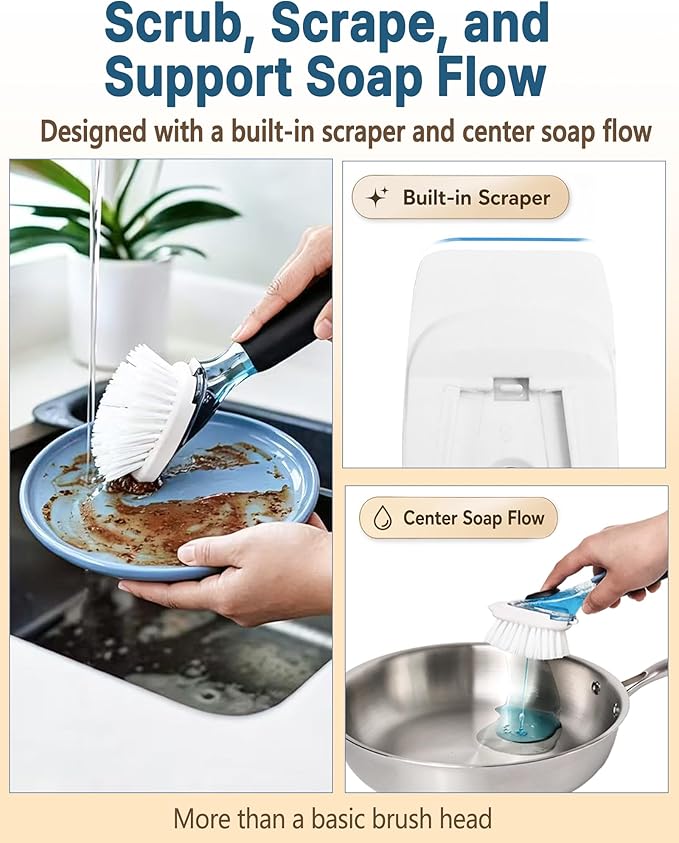 Dish Brush Refills, Dish Scrubber Replacement Heads Compatible with OXO Soap Dispensing Dish Brush, Nylon Bristles with Built-in Scraper, Suitable for Non-Stick Cookware, 4 Pack