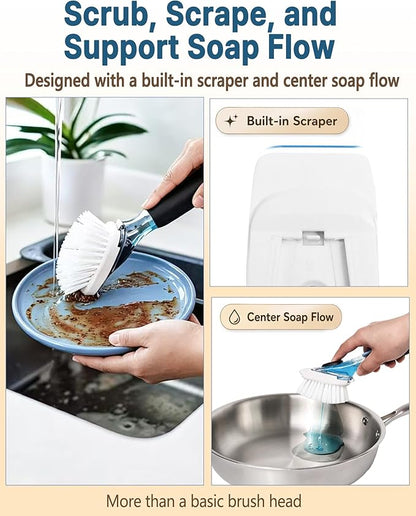 Dish Brush Refills, Dish Scrubber Replacement Heads Compatible with OXO Soap Dispensing Dish Brush, Nylon Bristles with Built-in Scraper, Suitable for Non-Stick Cookware, 4 Pack