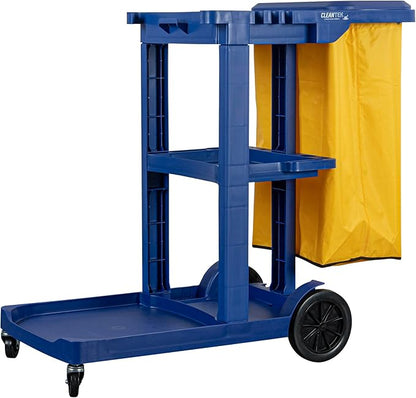 Restaurantware-Clean Tek Professional Janitor Cart with Wheels, 1 Cleaning Trolley with Cover and 18 Gallon Bag - 3 Shelves, Heavy-Duty, Blue Plastic Commercial Janitorial Cart, for Restaurants