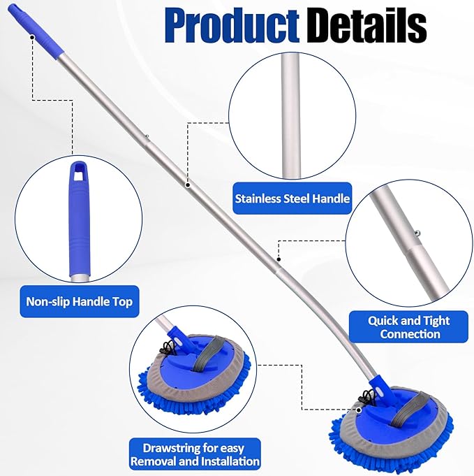 15° Curved Car Wash Brush with Long Handle 43" Extension Cleaning Mop Exterior Interior Carwash Duster 3-Section, 90° Pivoting Extralarge Microfiber Head for Scratch-Free Car, SUV & Truck (Blue)