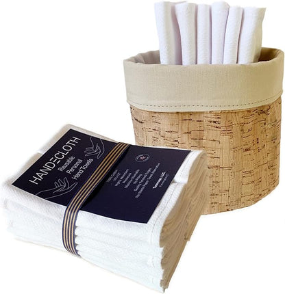 Reusable Paper Towel Set/Towels and Cork Fabric Basket/American Made/Machine Washable/Absorbent and Durable Edges and No Pilling (Khaki & Cork Leather Basket, 24 Pack Towels)