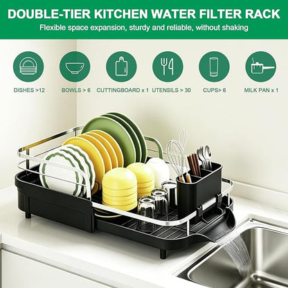Dish Drying Rack for Kitchen Counter, Expandable Dish Drainer with Drainboard Set and Removable Utensil Holder, Space-Saving Countertop Organizer