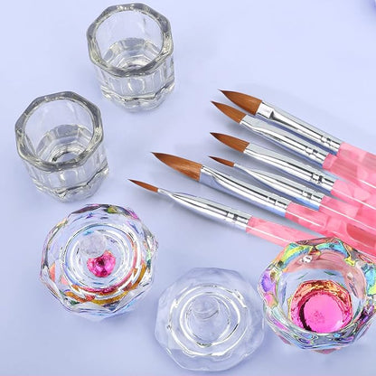 Acrylic Nail Brush Dappen Dish Set, 6PCS Nail Art Pen and 4PCS Crystal Dappen Dish, Manicure Bowl Cup Glass Container for Acrylic Liquid Nail Tool Kit (Pink)