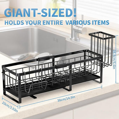 Aurblozen Extra Large Extendable Sponge Holder for Kitchen Sink, Rustproof Sink Caddy Organizer with High Brush Holder, Dish Soap Dispenser Organizers and Storage (Black)