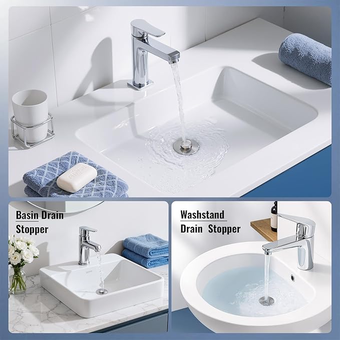 5-in-1 Bathroom Sink Stopper, 2 Pc Pop-Up Drain Stopper with Removable Hair Catcher, Anti-Clog Strainer, Odor Blocking & One-Way Flow Design, All Metal Brass Core & Stainless Steel, Fit 1.1"–2.36"