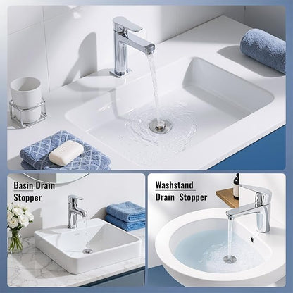 5-in-1 Bathroom Sink Stopper, 2 Pc Pop-Up Drain Stopper with Removable Hair Catcher, Anti-Clog Strainer, Odor Blocking & One-Way Flow Design, All Metal Brass Core & Stainless Steel, Fit 1.1"–2.36"