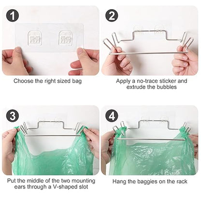 Stainless Steel Trash Bag Holder for Kitchen Cabinets Doors and Cupboards, Under Sink Bag Hanger, Portable Trash can, Waste Bins, Wall Adhesive Hanging Garbage Bins, with Wall Sticker Base