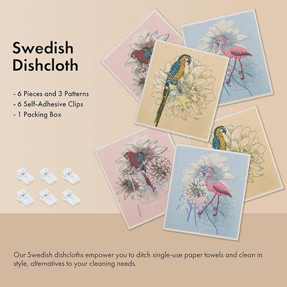 Swedish Dishcloths for Kitchen, 6 Pack Birds Flower Swedish Dish Towels with Clips, Reusable Paper Towels Washable Non-Scratch Super Absorbent Cellulose Sponge Cloths, Biodegradable No Odor