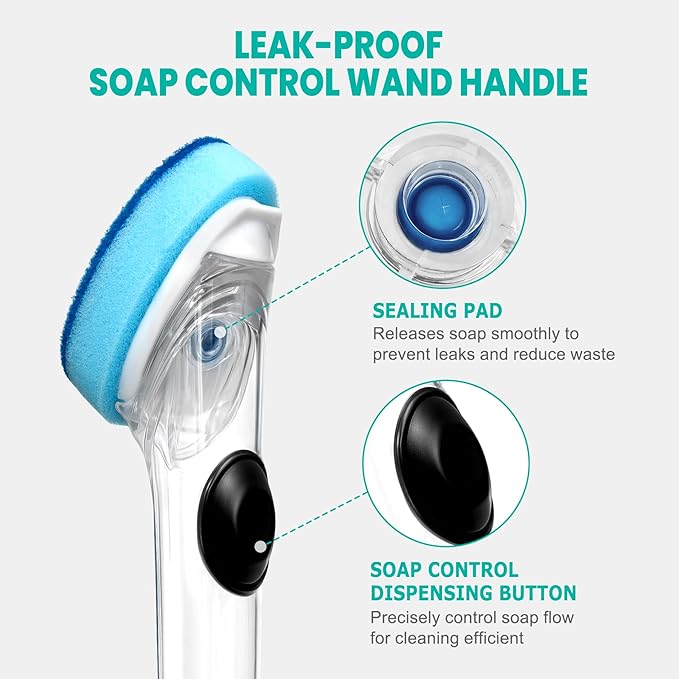 Dishwand with Refills, Dish Wand with Handle Replacement Sponge Heads, Non Scratch Soap Control Leak-Proof Dispenser Scrub,Heavy Duty Advanced Scrubber Brush Pads for Cleaning Dishes Sink Washing Tool