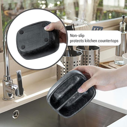 MyGift Modern Black Resin Double Sponge Holder with Realistic Marble Pattern for Kitchen Sink Countertop, Dish Cleaning Sponges or Scrubbing Pads Bowl with 2 Compartments