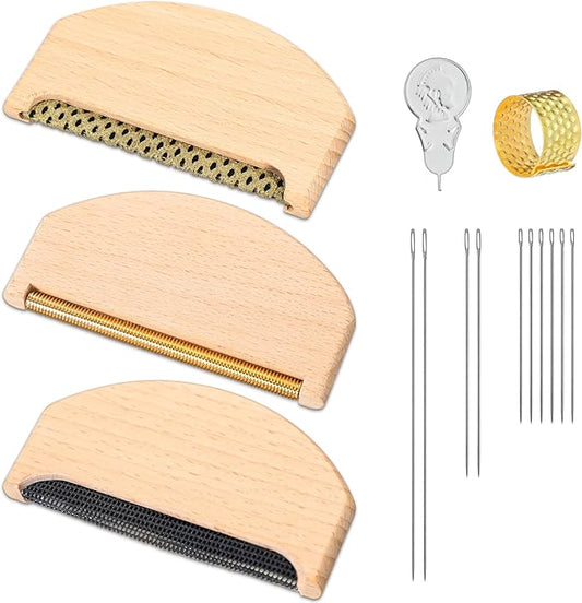 LemonRoad 3 Pcs Wooden Lint Comb Cashmere Comb 3 Styles Manual Fabric Shaver with Sewing Needles Complete Garment Repair kit for Different Fabrics Sweater Care