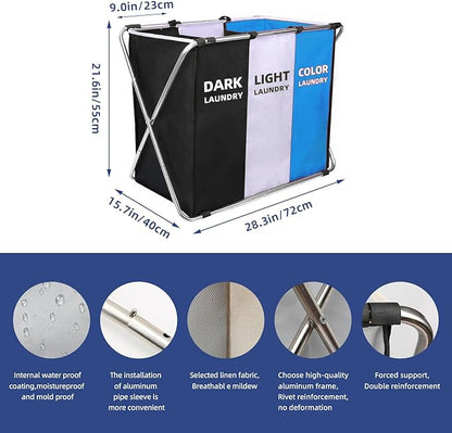 160L Large Laundry Basket, Freestanding Laundry Hamper, Collapsible Tall Clothes Hamper with Handles for Clothes Toys in the Dorm & Family Closet Storage Container and Organizer (3 Liner blue)