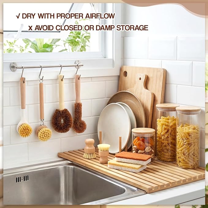 Sliner 14 Pcs Bamboo Dish Brush Set, Wooden Dish Brush with Long Handle Sisal and Palm Fiber Natural Wooden Kitchen Sponge for Pots Pans Bottle Sink Vegetables Household Cleaning