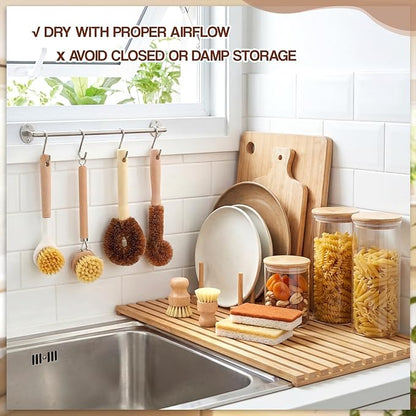 Sliner 14 Pcs Bamboo Dish Brush Set, Wooden Dish Brush with Long Handle Sisal and Palm Fiber Natural Wooden Kitchen Sponge for Pots Pans Bottle Sink Vegetables Household Cleaning